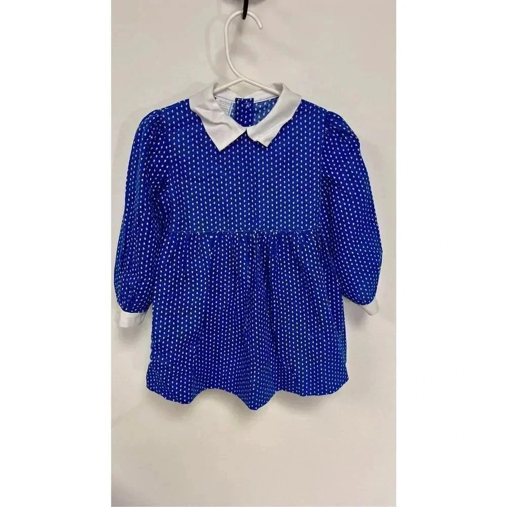 Vintage Hand Made No Brand Blue Polka Dot Collared Easter Dress Size 3T Girls‎